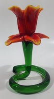 Green Spiral Stem Orange Red Yellow Flower Shaped 5 1/2" Tall Art Glass Candle Stick Holder