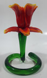 Green Spiral Stem Orange Red Yellow Flower Shaped 5 1/2" Tall Art Glass Candle Stick Holder