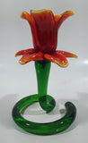 Green Spiral Stem Orange Red Yellow Flower Shaped 5 1/2" Tall Art Glass Candle Stick Holder