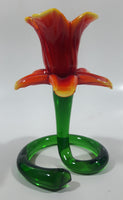 Green Spiral Stem Orange Red Yellow Flower Shaped 5 1/2" Tall Art Glass Candle Stick Holder