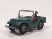 Vintage Husky Models Jeep with Brown Driver Green Die Cast Toy Car Vehicle with Flip Down Windshield Frame