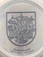 Vintage 1827-1977 Bremerhaven Germany 150 Jahre Anniversary Ship and Fish Themed 6" Diameter Silver Toned Metal Wall Hanging