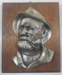 Vintage Old Man Fisherman with Pipe 3D Metal Look Ceramic 6 1/2" x 7 3/4" Wood Wall Plaque