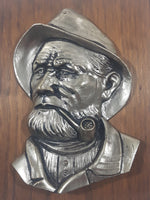 Vintage Old Man Fisherman with Pipe 3D Metal Look Ceramic 6 1/2" x 7 3/4" Wood Wall Plaque
