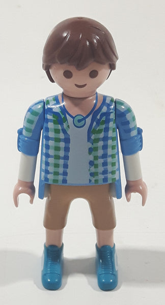 2012 Geobra Playmobil Man in Blue and Green Top with Tan Pants 2 3/4" Tall Toy Figure