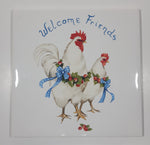Vintage Welcome Friends White Chicken Hens with Blue Bows Themed 6" x 6" Ceramic Tile Trivet