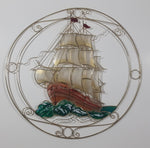 Beautiful Brass Metal and Plastic Stained Glass Style Colorful Tall Ship Sail Boat 13" Wall Hanging