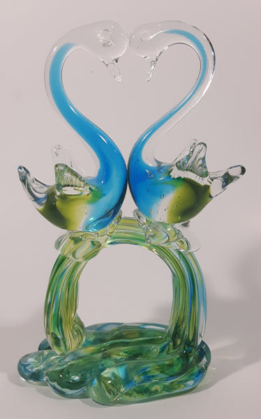 Vintage Blue Green Yellow Double Swan Birds Facing Each Other Forming Heart 8 1/2" Tall Art Glass Sculpture
