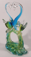 Vintage Blue Green Yellow Double Swan Birds Facing Each Other Forming Heart 8 1/2" Tall Art Glass Sculpture