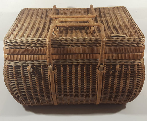 Vintage Large Tightly Woven Bowed Wicker Picnic Basket with Lid