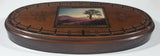 Vintage Great Western Enterprises 16 1/4" Oval Shaped Lacquered Heavy Wood Cribbage Board with Tree and Hilly Sunset Picture
