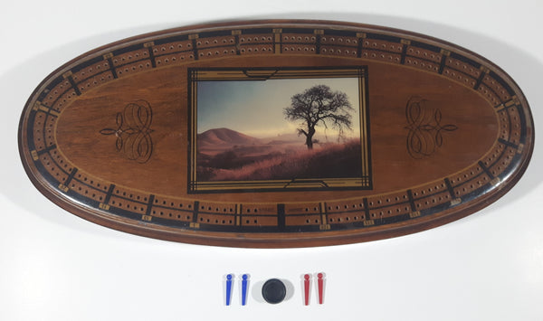 Vintage Great Western Enterprises 16 1/4" Oval Shaped Lacquered Heavy Wood Cribbage Board with Tree and Hilly Sunset Picture