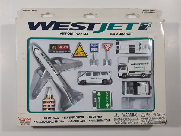 Daron RealToy No. RT7371 WestJet Airport Play Set Die Cast Toy Car Vehicles Airplane and Signage with Box Missing One Car