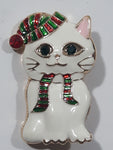 White Cat Red and Green Striped Scarf and Cap 1/4" x 1 1/2" Enamel Metal Brooch Pin