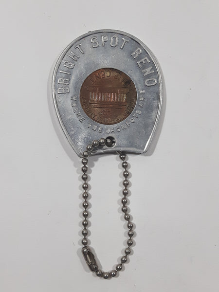 Vintage Bright Spot Reno Where The Jackpots Are 1971 One Cent Penny Inset in Aluminum Horseshoe Shaped Key Chain