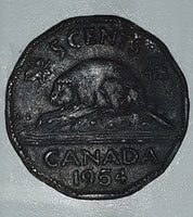 1954 Canada Young Queen Elizabeth II 5 Cents Nickel Metal Coin