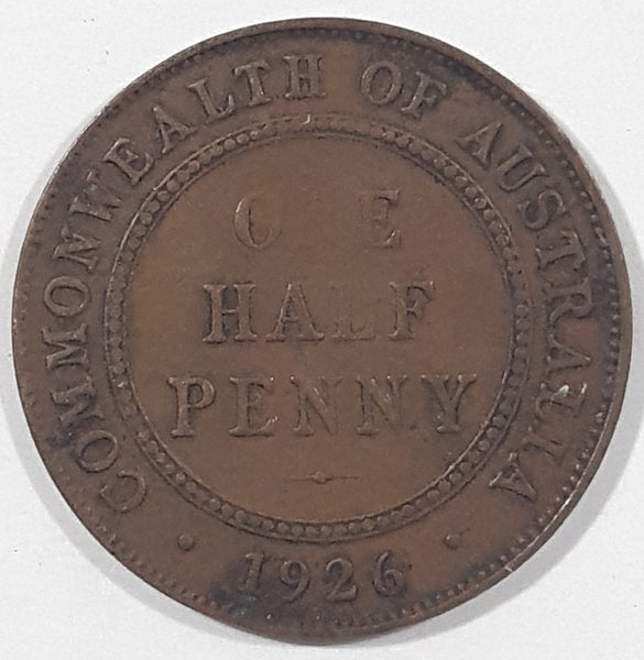 1926 Commonwealth of Australia King George VI One Half Penny Copper Metal Coin