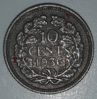 1936 Netherlands Wilhelmina 10 Cents Metal Coin