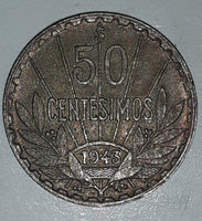 1943 Urugay Articas 50 Centesimos .720 Silver Metal Coin