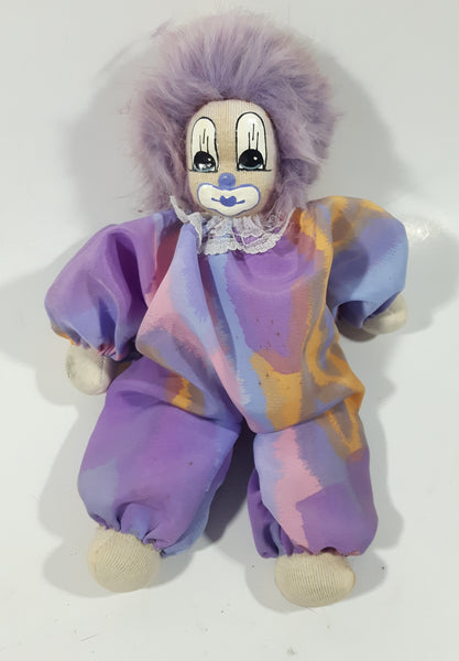 Vintage Q-Tee-Clown Purple Cotton Candy Hair Clown 9" Tall Porcelain Sand Filled Doll with Tags