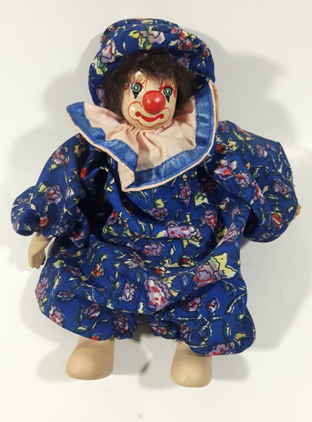 Vintage Clown with Blue Costume and Big Red Nose 8 1/2" Tall Porcelain Sand Filled Doll
