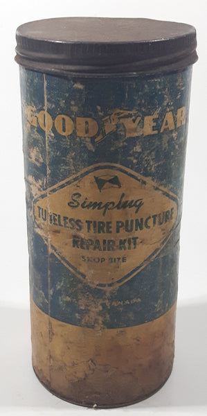 Vintage Goodyear Simpling Tubeless Tire Puncture Repair Kit Shop Size 7 1/8" Tall Metal Can