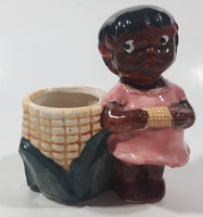 Antique 1940s Occupied Japan Black Girl Holding Corn Small 4 1/2" Tall Ceramic Planter Vase