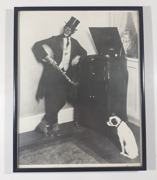 Antique Blackface Man in Top Hat Holding Banjo Leaning on Phonograph with Nipper Dog Statue 11 3/8" x 14 3/8" Framed Black and White Photograph