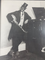 Antique Blackface Man in Top Hat Holding Banjo Leaning on Phonograph with Nipper Dog Statue 11 3/8" x 14 3/8" Framed Black and White Photograph