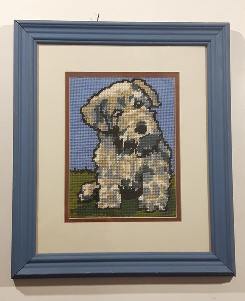 Vintage Grey Brown and White Puppy Dog on Grass 12 1/4" x 14 1/4" Framed Cross Stitch Needlework Picture