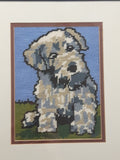Vintage Grey Brown and White Puppy Dog on Grass 12 1/4" x 14 1/4" Framed Cross Stitch Needlework Picture