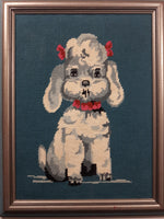 Vintage Grey and White Girl Puppy Dog With Pink Bows 14 1/2" x 18 1/2" Framed Cross Stitch Needle Point Picture
