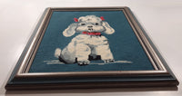 Vintage Grey and White Girl Puppy Dog With Pink Bows 14 1/2" x 18 1/2" Framed Cross Stitch Needle Point Picture