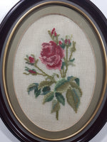 Vintage Rose Flower with Stem and Leaves 11" x 14" Oval Frame Cross Stitch Needle Point Picture