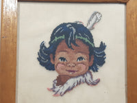 Vintage First Nations Native Child 7 1/2" x 7 1/2" Framed Cross Stitch Needle Petit Point Picture