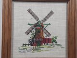 Vintage Dutch Windmill 7 3/8" x 7 3/8" Framed Cross Stitch Needle Petit Point Picture