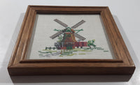 Vintage Dutch Windmill 7 3/8" x 7 3/8" Framed Cross Stitch Needle Petit Point Picture