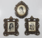 Set of 3 Vintage Giuseppe Tarantino Silk Pictures in Ornate Brass Metal Frames Made in Italy