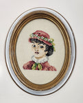 Vintage Victorian Lady 6 1/2" x 8" Oval Framed Cross Stitch Needle Petit Point Picture
