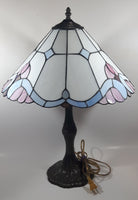 Vintage Blue and White Stained Glass Baroque European Style 23" Tall Brass Metal Table Lamp