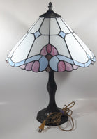 Vintage Blue and White Stained Glass Baroque European Style 23" Tall Brass Metal Table Lamp