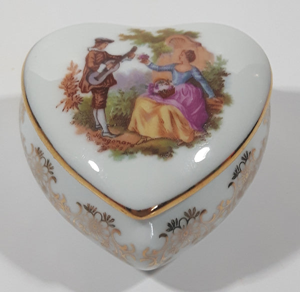 Vintage Limoges France Fragonard Scene Heart Shaped Small Porcelain Trinket Box