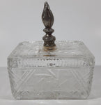Vintage Pinwheel Crystal Glass Cigarette Box with Ash Tray Lid Brass Metal Torch Shaped Handle