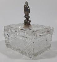 Vintage Pinwheel Crystal Glass Cigarette Box with Ash Tray Lid Brass Metal Torch Shaped Handle