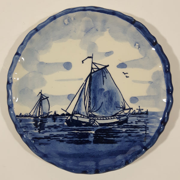 Vintage Delft's Holland AG Blue White Ship Boat Decor 4" Ceramic Wall Plate Decoration