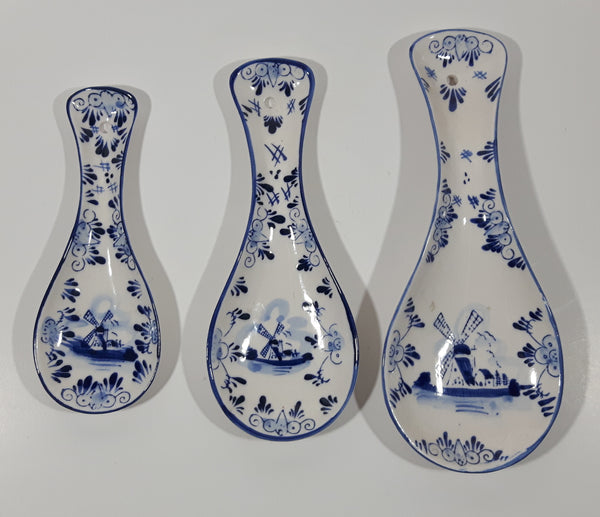 Vintage Delft Blue and White Windmill and Flower Decor Ceramic Spoon Rest Set of 3 Different Sizes