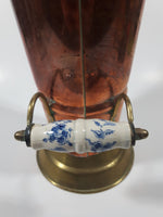 Vintage Lions Head Copper and Brass 7 1/2" Tall Ash Scuttle Bucket with Delft Blue Porcelain Hand Painted Handle