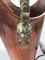 Vintage Lions Head Copper and Brass 7 1/2" Tall Ash Scuttle Bucket with Delft Blue Porcelain Hand Painted Handle