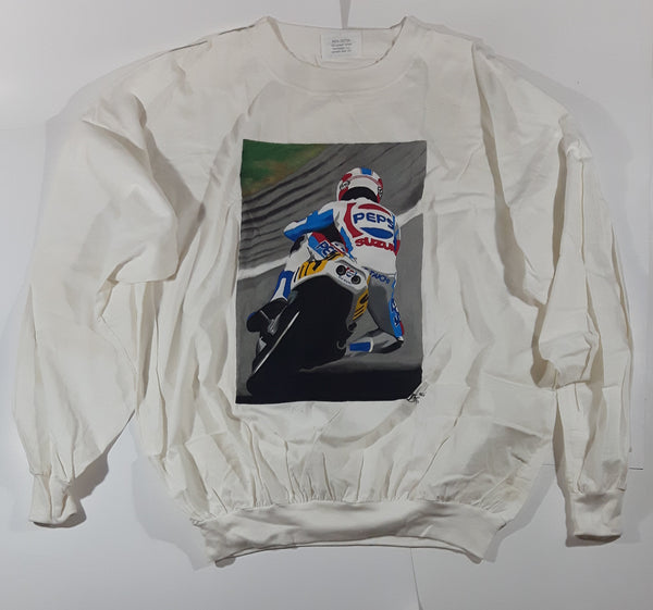 Rare 1990 Clothworks of Vancouver Pepsi Cola Suzuki Motorbike Racer L Large White Long Sleeve T-Shirt with Elastic Bottom and Wrists