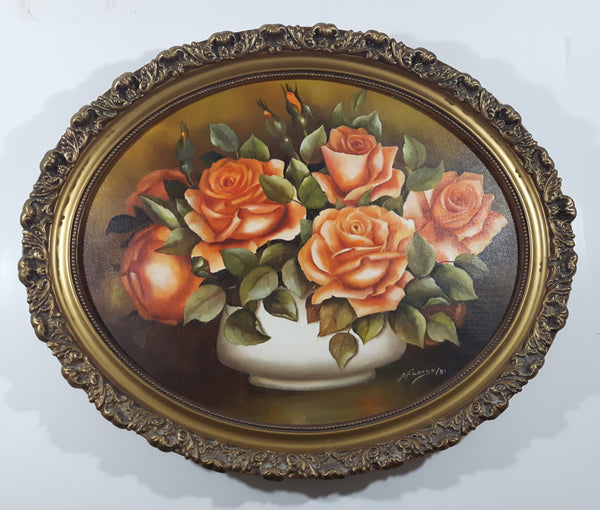 Vintage Original 1981 A. Froese Pink Rose Flower Bouquet in White Planter Vase Still Life Oil Painting Oval Shaped 19" x 23" Gold Ornate Carved Wood Frame